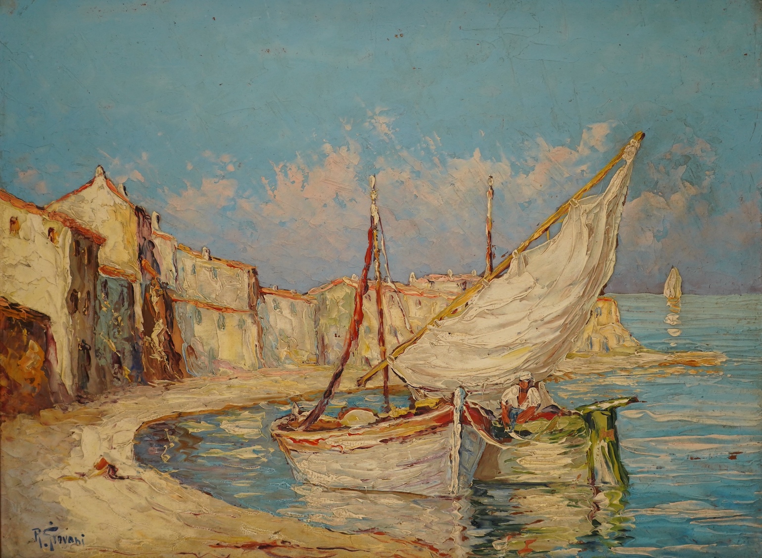 Robert Giovanni (20th. C), impasto oil on board, Continental coastal view with moored boats, signed, 29 x 39cm. Condition - poor to fair, some paint chips and surface dirt
